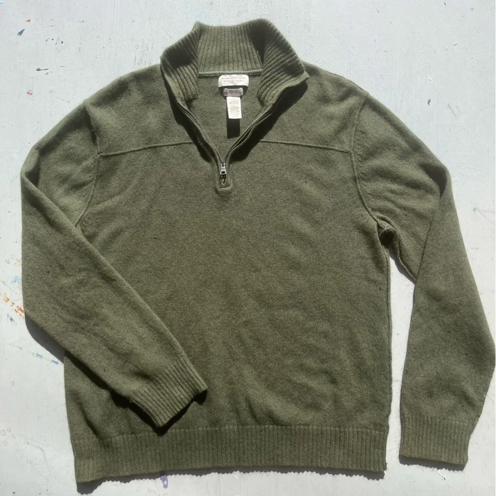 Men's Banana Republic Sweater Green Solid L Preppy Luxury Cashmere Zip HOLE City